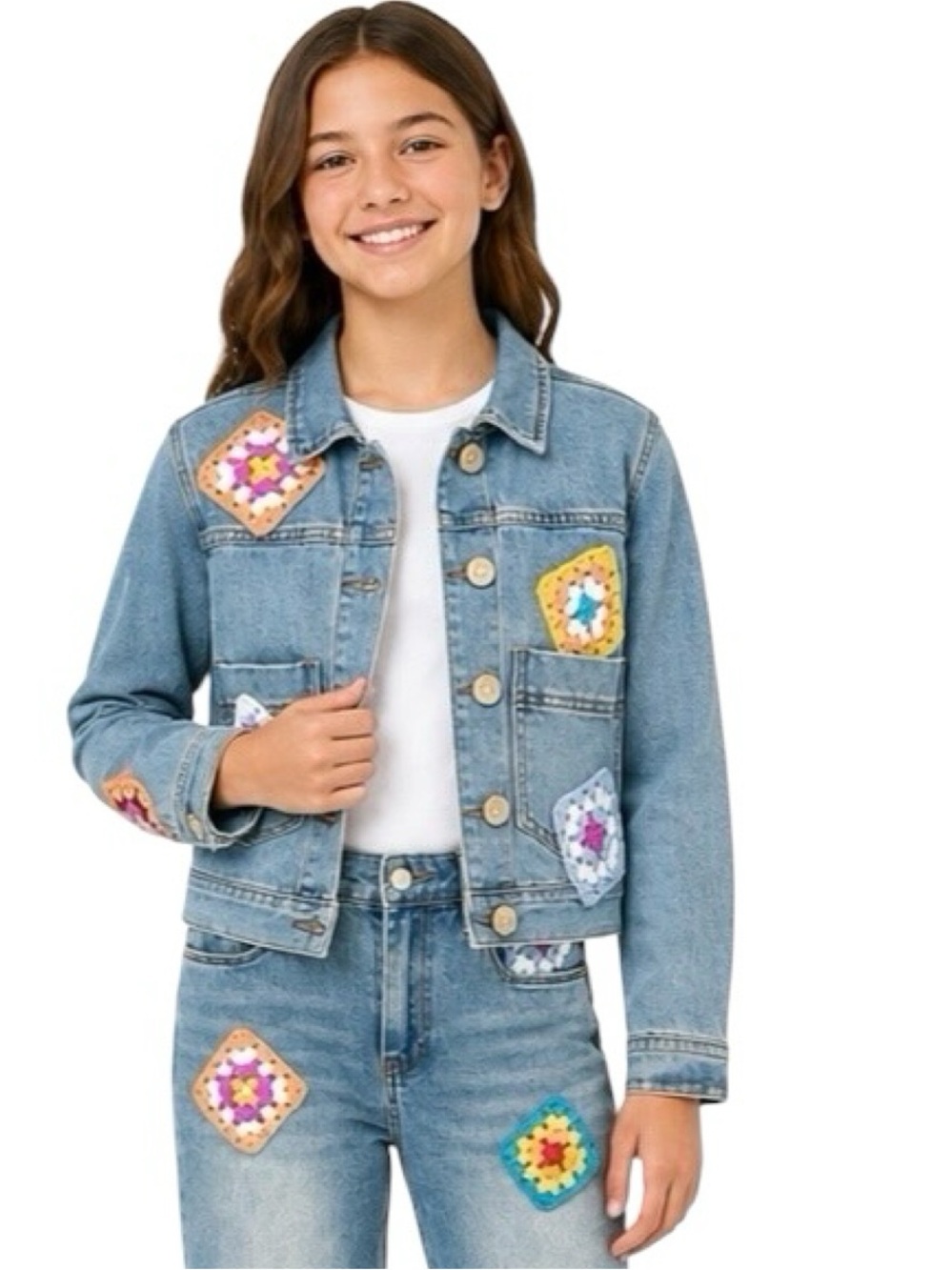 BLANKNYC Big Kids' Crochet Appliqué Denim Jacket Size XL